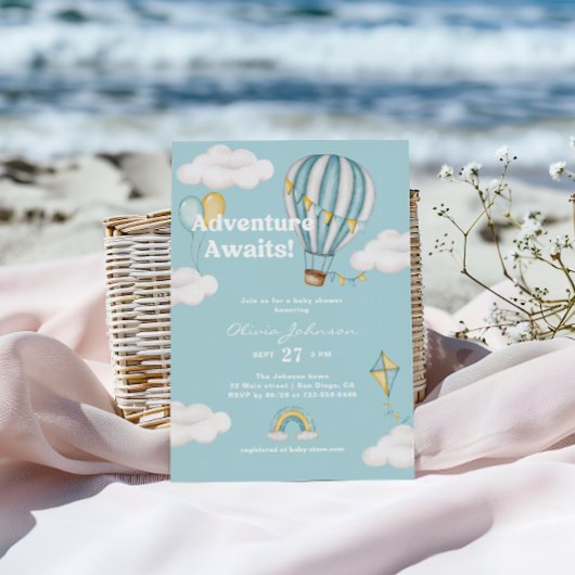 アドベンチャー待ちブルーホットエアバルーン赤ちゃんシャワー 招待状