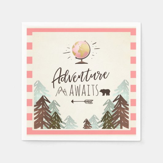 アドベンチャー待ちペーパーナプキンヴィンテージピンクトラベル スタンダードカクテルナプキン (正面)