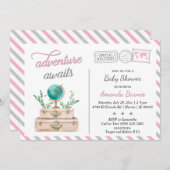 アドベンチャー待ち旅行ベビーガールシャワーピンクグレー 招待状 (正面/裏面)