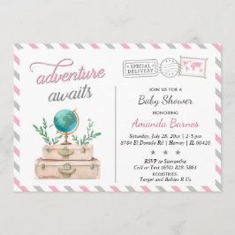 アドベンチャー待ち旅行ベビーガールシャワーピンクグレー 招待状
