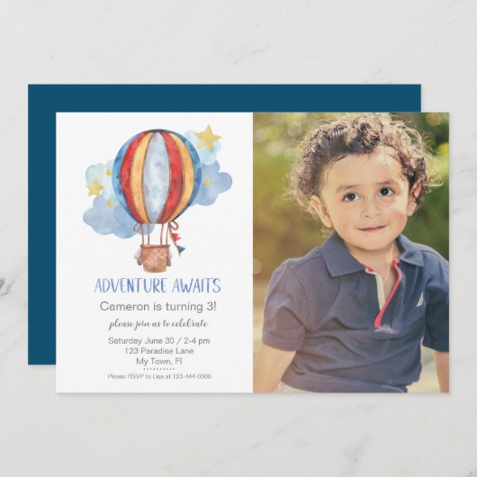 アドベンチャー待ち気球フォトバースデーパーティー 招待状 (正面/裏面)