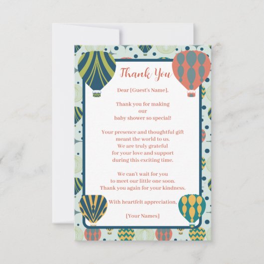 アドベンチャー待ち熱気球セージ赤ちゃんシャワー サンキューカード (正面)