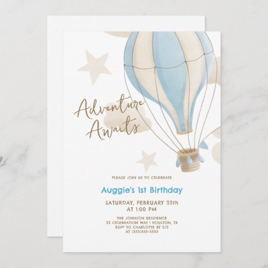 アドベンチャー待ち熱気球ボーイズ1歳の誕生日 招待状 (正面/裏面)