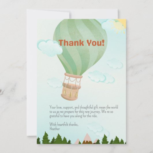 アドベンチャー待ち赤ちゃんシャワー熱気球 サンキューカード (正面)