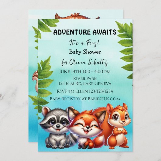 アドベンチャー待ち |ウッドランドの生き物の赤ちゃんシャワー 招待状 (正面/裏面)