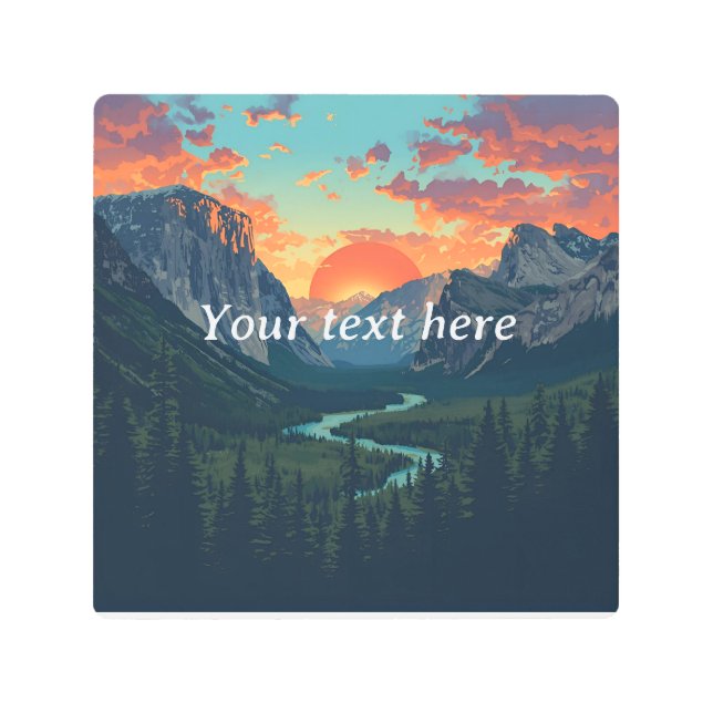 "アドベンチャー待ち – カスタマイズ可能な山の夕日P メタルプリント (正面)