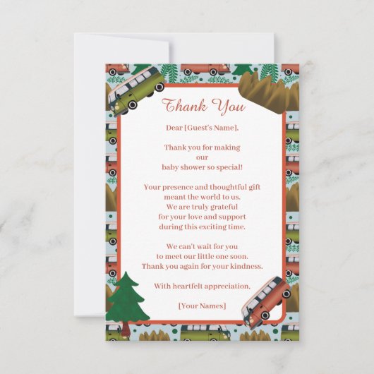 アドベンチャー待ち：キャンパー男の赤ちゃんシャワー サンキューカード (正面)