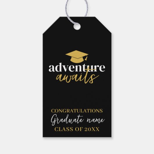 アドベンチャー待ち – ネームキャップブラック金ゴールド卒業 ギフトタグ (正面)