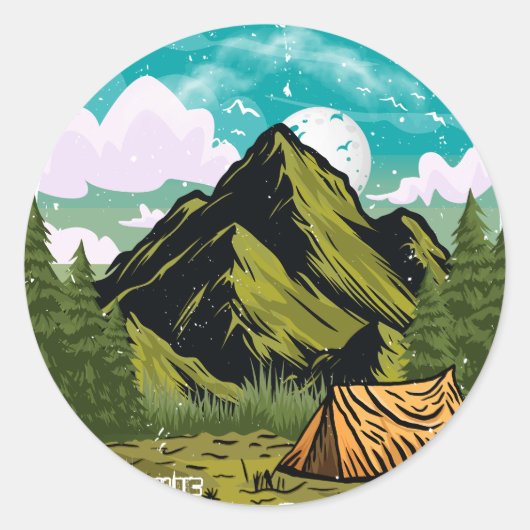 アドベンチャー待ち、幸せなキャンパー屋外バケーション ラウンドシール (正面)