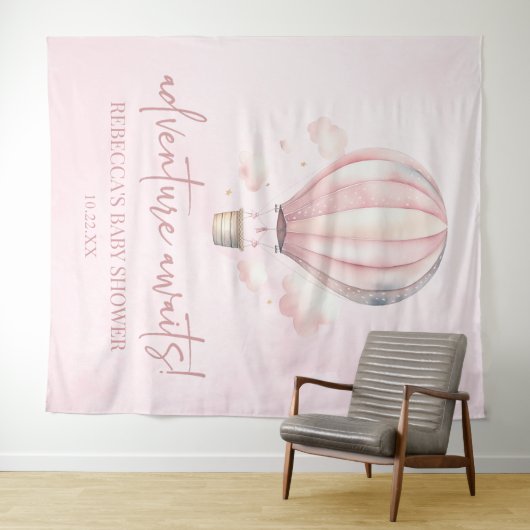 アドベンチャー待て!ピンクのホットエアバルーン赤ちゃんシャワー タペストリー (インサイチュ(横))