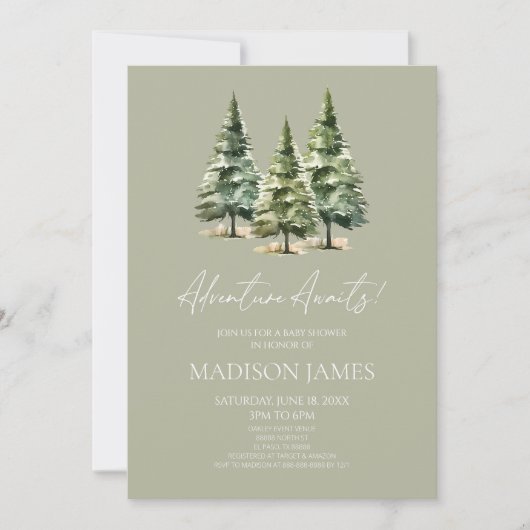アドベンチャー待て!冬の松の木の赤ちゃんシャワー 招待状 (正面)