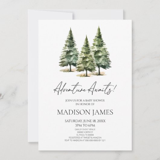アドベンチャー待て！冬の松の木の赤ちゃんシャワー 招待状 (正面)
