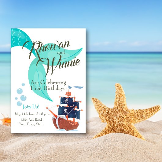 アドベンチャー航海のマーメイド&パイレーツデュアル誕生日 招待状