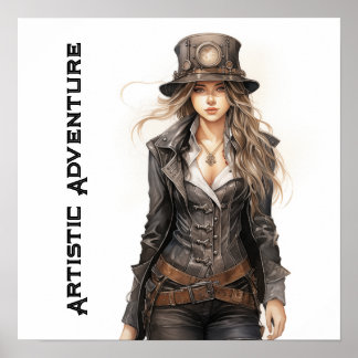 アドベンチャー芸術的スチームパンク若い女性ヴィンテージ ポスター