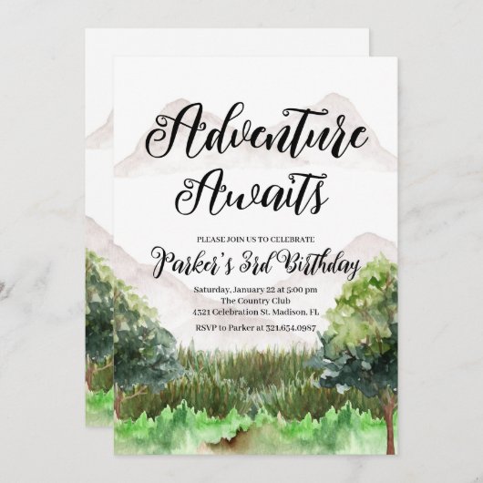 アドベンチャー誕生日、キャンピングマウンテン 招待状 (正面/裏面)