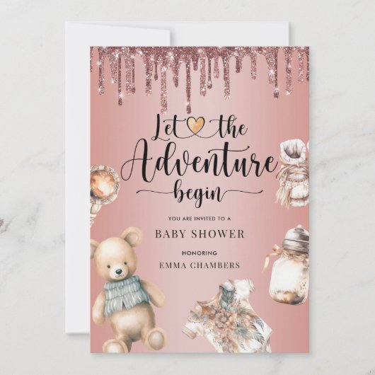 アドベンチャー開始ベビーシャワーバラ金ゴールドグリッター 招待状 (正面)