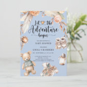 アドベンチャー開始ボホ男の赤ちゃんシャワーブルー 招待状 (スタンド正面)