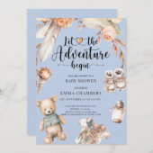 アドベンチャー開始ボホ男の赤ちゃんシャワーブルー 招待状 (正面/裏面)