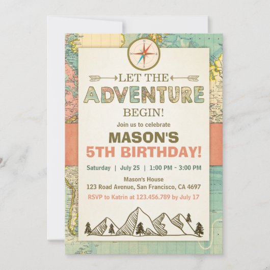 アドベンチャー開始誕生日招待トラベルマップ 招待状 (正面)
