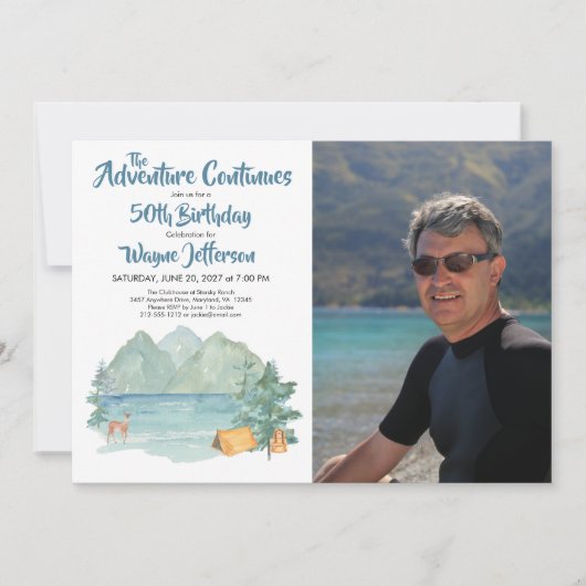 アドベンチャー50誕生日フォトマウン素朴ト 招待状 (正面)