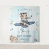 アドベンチャー かわいい クマ 青い飛行機 男の子 赤ちゃん シャワー タペストリー (正面)