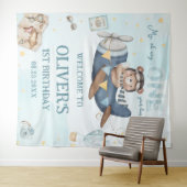 アドベンチャー かわいい クマ 青い 飛行機 男の子 1歳 誕生日 タペストリー (インサイチュ(横))