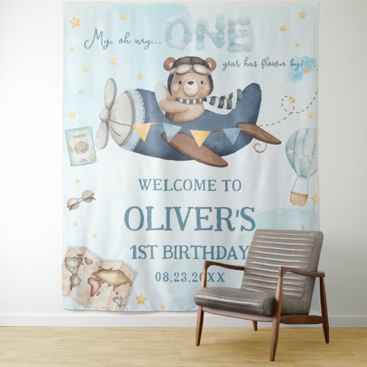 アドベンチャー かわいい クマ 青い 飛行機 男の子 1歳 誕生日 タペストリー (インサイチュ)