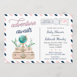 アドベンチャー·アワイツ·トラベル·ベイビー·シャワー·ネービー·ピンク 招待状