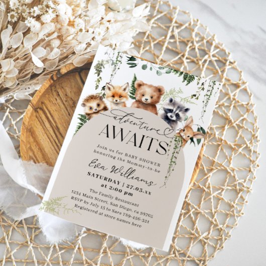 アドベンチャー・ウッドランド・アニマル ニュートラル ベビーシャワー 招待状