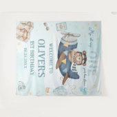 アドベンチャー キュート クマ 青い飛行機 男の子 1歳の誕生日 タペストリー (正面(横))