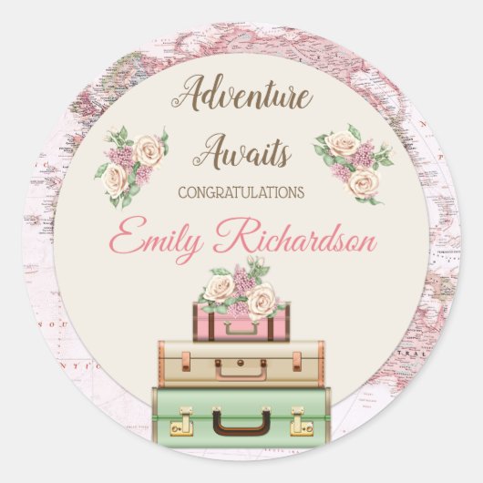 アドベンチャー ワールド トラベル マップ ピンク フラワーズ ラウンドシール (正面)