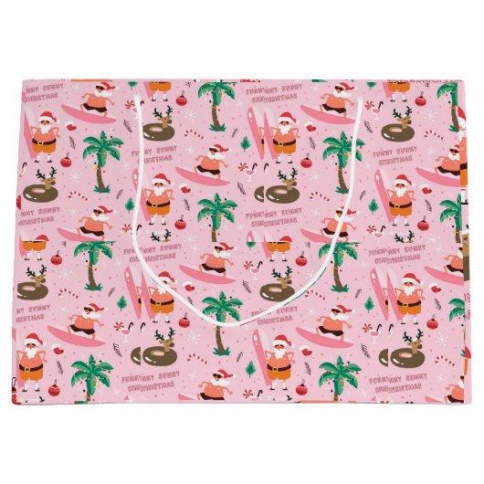 アドラブルスクリスマスサンタおもしろいサーフィン ラージペーパーバッグ (正面)