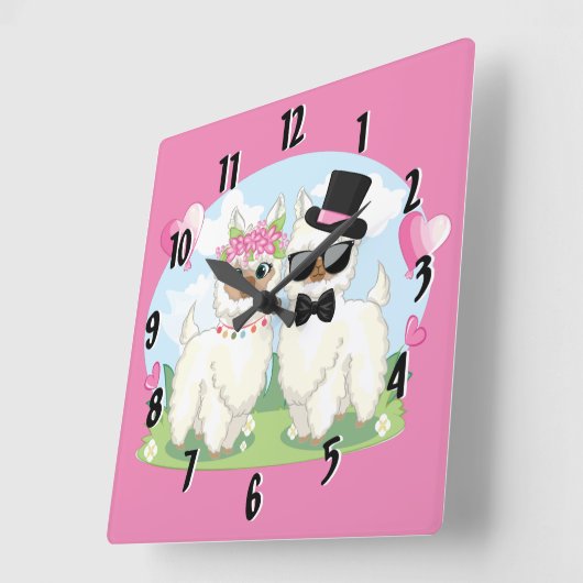 アドラブルラマラブカウトラマカップルピンク スクエア壁時計 (傾斜)