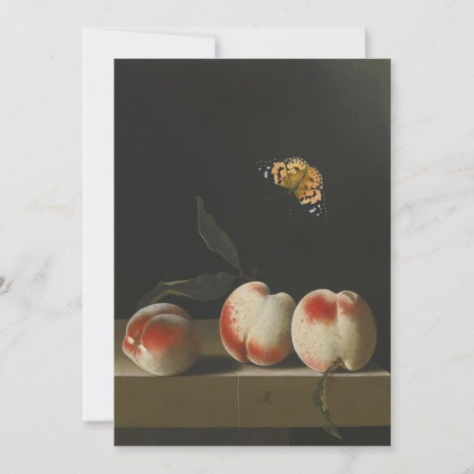 アドリアーン・コールテ - 石の棚の上の3つの桃の静物 招待状 (正面)