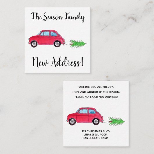 アドレスのお知らせ赤いFiat 500クリスマスツリー エンクロージャーカード (正面/裏面)