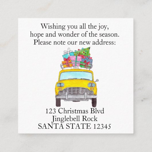 アドレスのお知らせ黄色いキャブクリスマスギフト エンクロージャーカード (裏面)