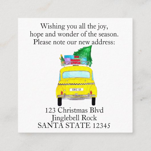 アドレスのお知らせ黄色いキャブクリスマスギフト エンクロージャーカード (裏面)