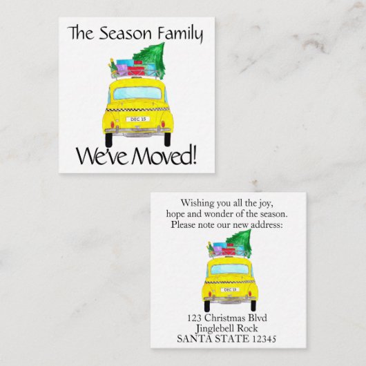アドレスのお知らせ黄色いキャブクリスマスギフト エンクロージャーカード (正面/裏面)