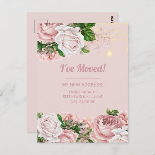 アドレスの変更ピンクのヴィンテージフローラ文字列ライト ポストカード (正面/裏面)