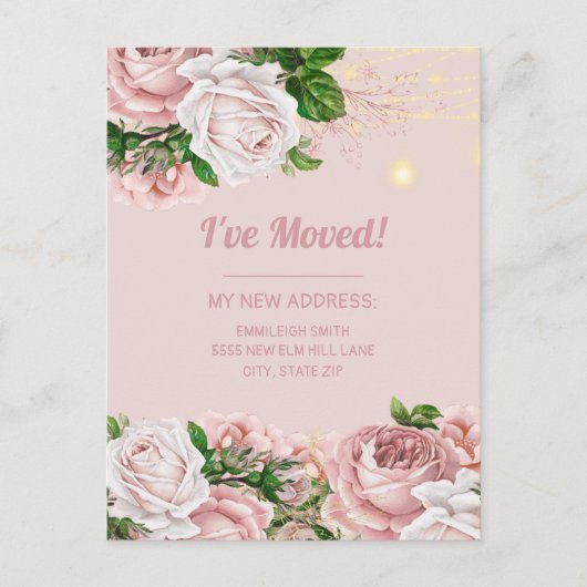 アドレスの変更ピンクのヴィンテージフローラ文字列ライト ポストカード (正面)