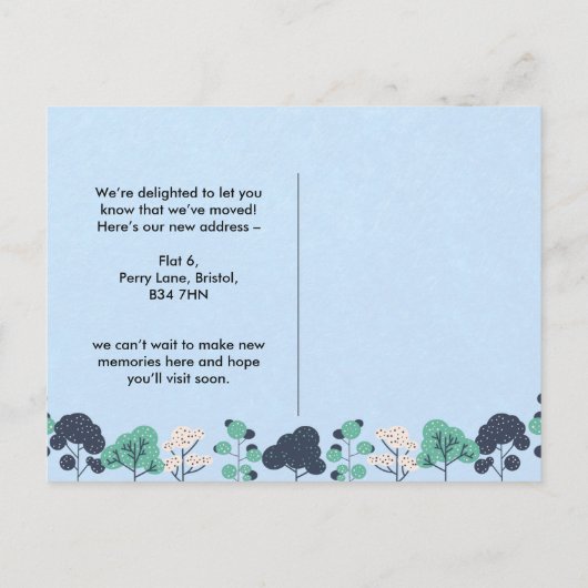 アドレスはっきりしたの新しいホームの青いツリーの変更 案内ポストカード (裏面)