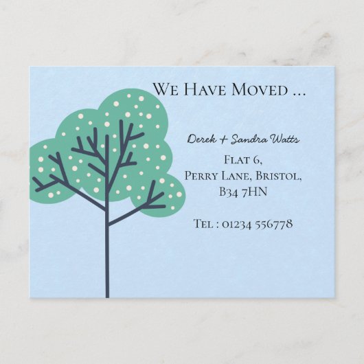 アドレスはっきりしたの新しいホームの青いツリーの変更 案内ポストカード (正面)