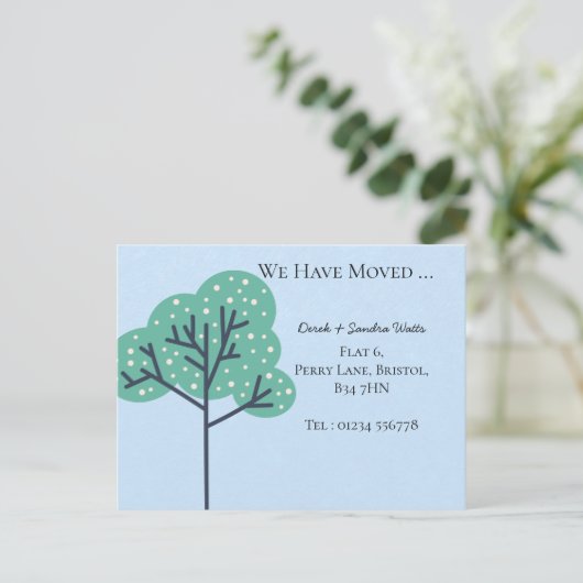 アドレスはっきりしたの新しいホームの青いツリーの変更 案内ポストカード (スタンド正面)