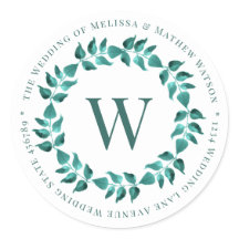 アドレスモノグラムリース結婚ティール（緑がかった色）の封筒用シール