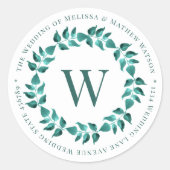 アドレスモノグラムリース結婚ティール（緑がかった色）の封筒用シール ラウンドシール (正面)