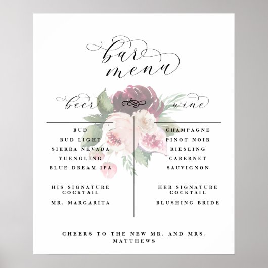 アドレフローラバーメニューワインビアカクテルリストの看板 ポスター (正面)