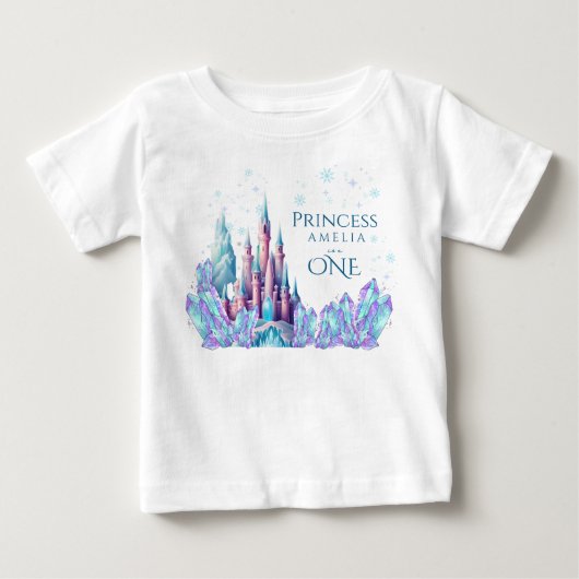 アナと雪の女王 1歳の誕生日 キャラクター 城 ファーストバースデー ベビーTシャツ (正面)