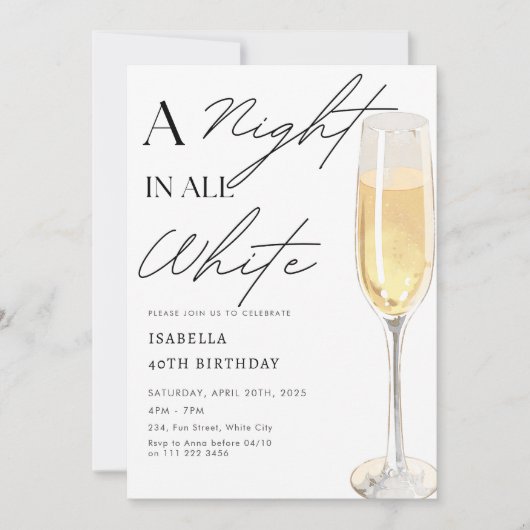 アナイトインオールホワイトパーティーシャンパン誕生日 招待状 (正面)