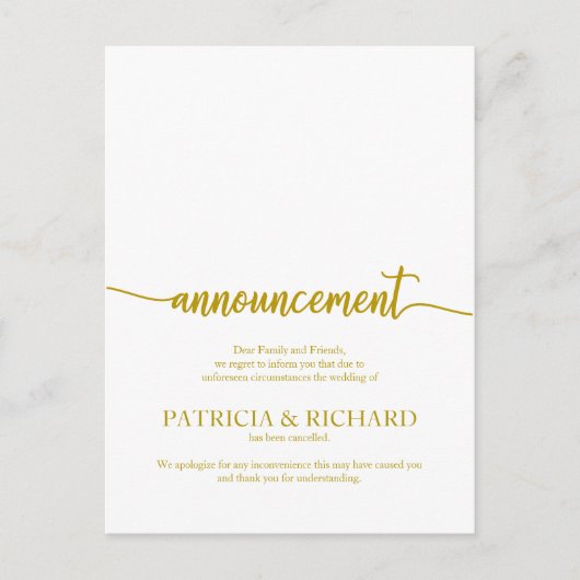 アナウンスが取り消結婚されたエレガント金ゴールドスクリプト ポストカード (正面)