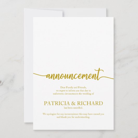 アナウンスが取り消結婚されたエレガント金ゴールドスクリプト 招待状 (正面)